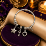 Charm Bracelet for Women | Silver Cable Bangle with Star Key Heart Charms | Black Crystal Beads | Adjustable Stainless Steel Bracelet | Elegant Gift for Her - Image 6