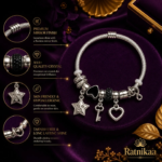 Charm Bracelet for Women | Silver Cable Bangle with Star Key Heart Charms | Black Crystal Beads | Adjustable Stainless Steel Bracelet | Elegant Gift for Her - Image 2