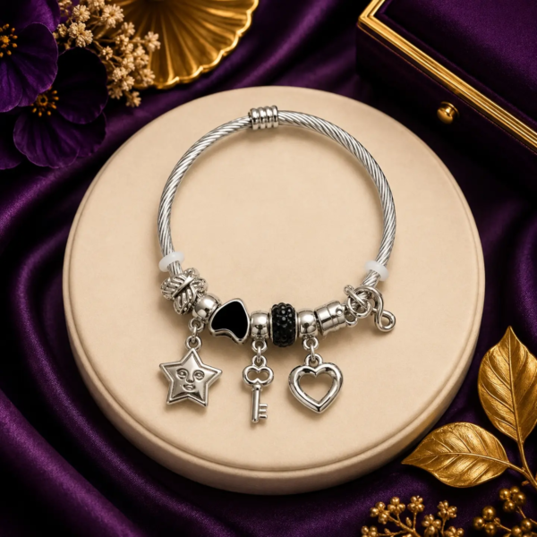 Charm Bracelet for Women | Silver Cable Bangle with Star Key Heart Charms | Black Crystal Beads | Adjustable Stainless Steel Bracelet | Elegant Gift for Her