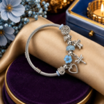 Ratnikaa Silver Charm Bracelet for Women | Blue Crystal Beads with Owl Dragonfly Heart & Flower Charms | Cable Bangle with Enamel Details - Image 4