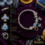 Ratnikaa Silver Charm Bracelet for Women | Blue Crystal Beads with Owl Dragonfly Heart & Flower Charms | Cable Bangle with Enamel Details - Image 3