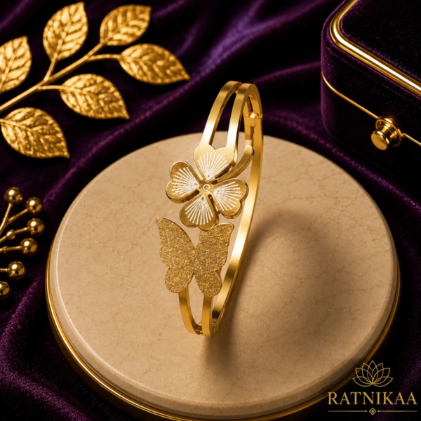 Ratnikaa Gold Flower Butterfly Bangle Bracelet for Women | Floral Cuff with Butterfly Charm | Stainless Steel Waterproof Tarnish-Free |