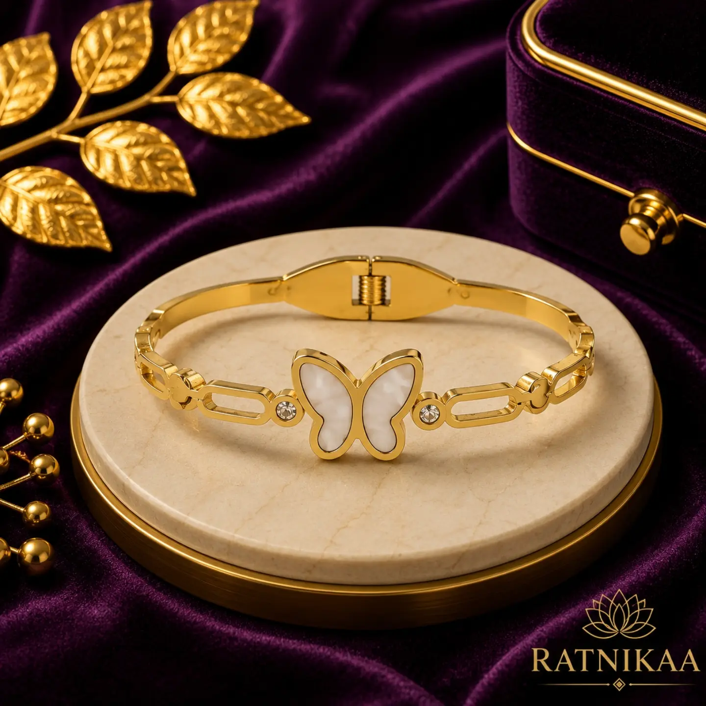 2026/08/1000429352.png Ratnikaa Gold Butterfly Bangle Bracelet for Women | Mother of Pearl Butterfly Charm | Crystal Accent Link Bracelet | Stainless Steel Waterproof Tarnish-Free - Image 1
