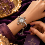 Ratnikaa Crystal Bracelet Watch for Women | Silver Adjustable Slider Chain Watch | Rhinestone Analog Wrist Watch with Dangle Charms | Ethnic Fusion Jewelry Gift - Image 4