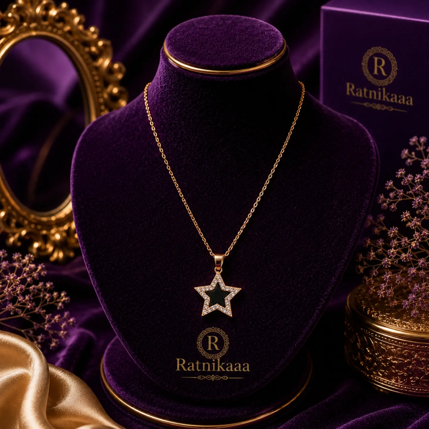 2026/08/1000429401.png Ratnikaa Gold Star Pendant Necklace for Women | Black Enamel Star with Crystal Halo | Rose Gold Chain Necklace | Waterproof Tarnish-Free - Image 1