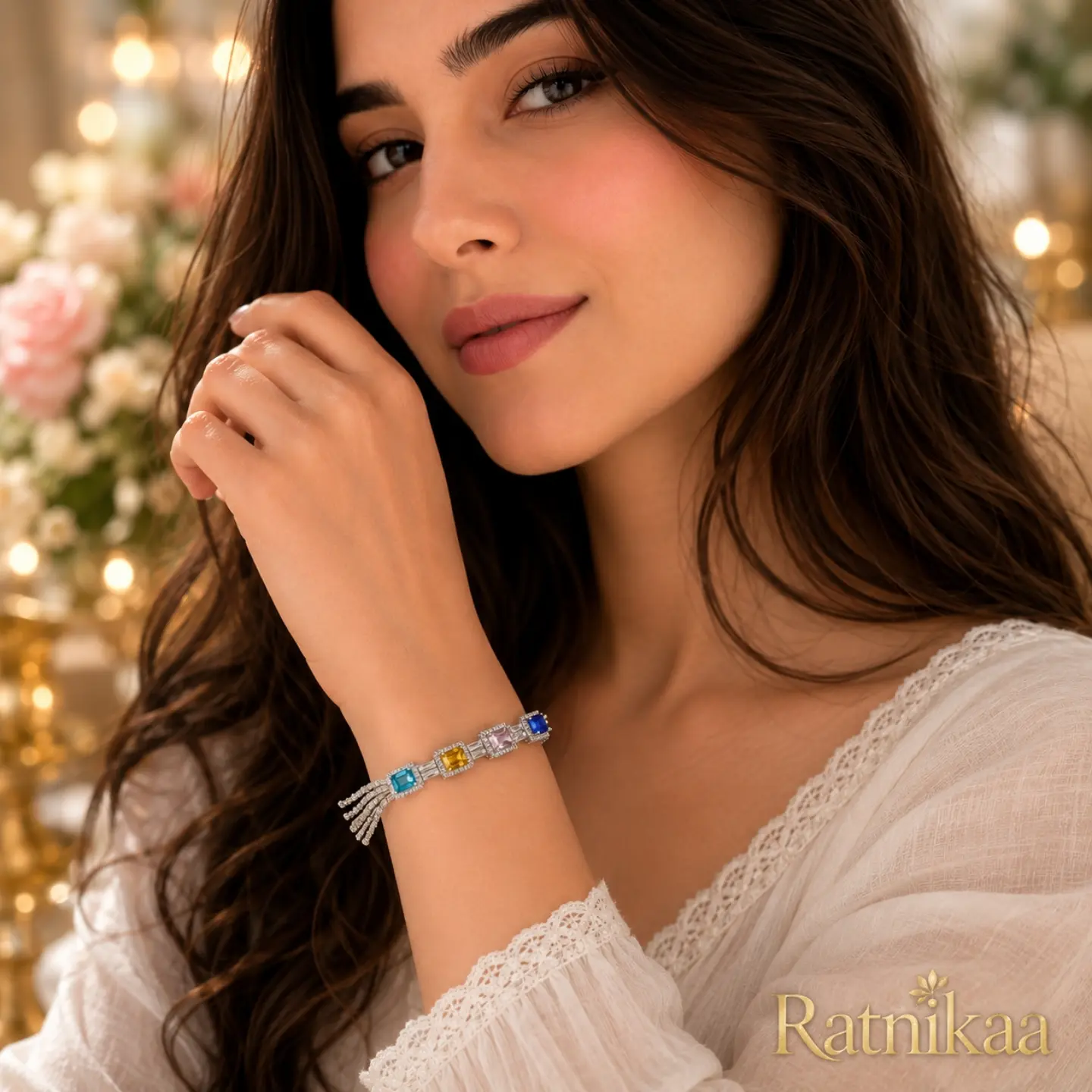 2026/08/1000430526.png Ratnikaa Luxury Multicolor Crystal Bracelet for Women | Silver-Plated Adjustable Tennis Bracelet | AAA+ Cubic Zirconia | Anti-Tarnish | - Image 1