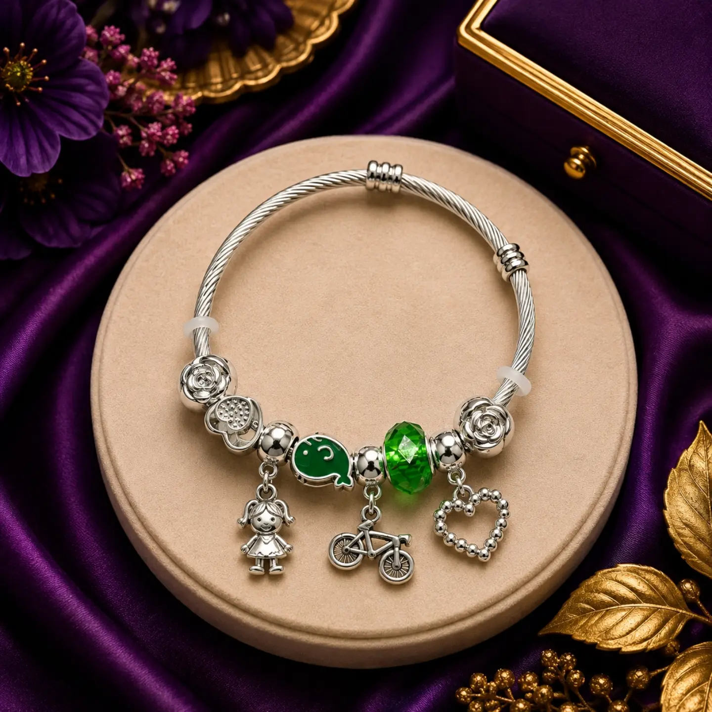 2026/08/1000432023.png Ratnikaa Silver Charm Bracelet for Women & Girls | Adjustable Charm Bangle with Emerald Green Crystal, Girl, Bicycle & Heart Charms | Elegant Gift Bracelet for Birthday, Friendship & Special Occasions - Image 1