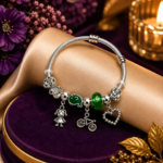 Ratnikaa Silver Charm Bracelet for Women & Girls | Adjustable Charm Bangle with Emerald Green Crystal, Girl, Bicycle & Heart Charms | Elegant Gift Bracelet for Birthday, Friendship & Special Occasions - Image 5