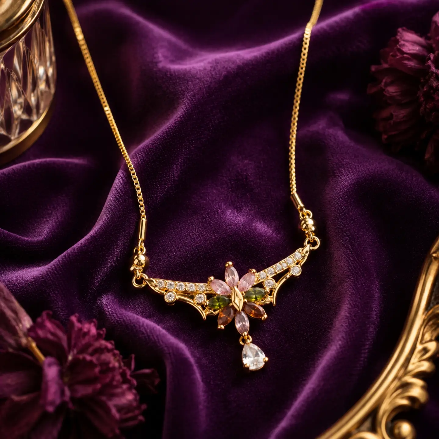 2026/08/1000432946.png Ratnikaa Gold Plated Floral CZ Pendant Necklace for Women | Elegant Crystal Flower Drop Necklace - Image 1