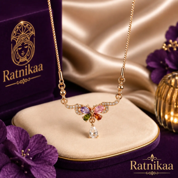 Ratnikaa Rose Gold Butterfly Pendant Necklace for Women | Multicolor Crystal Pendant Chain | Lightweight Fashion Jewelry