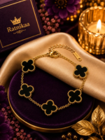 Black Clover Charm Bracelet for Women – Gold-Tone Floral Bracelet with Elegant Black Crystal Charms, Stylish - Image 3
