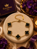 Black Clover Charm Bracelet for Women – Gold-Tone Floral Bracelet with Elegant Black Crystal Charms, Stylish - Image 7