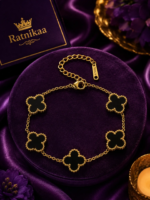 Black Clover Charm Bracelet for Women – Gold-Tone Floral Bracelet with Elegant Black Crystal Charms, Stylish