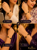 Black Clover Charm Bracelet for Women – Gold-Tone Floral Bracelet with Elegant Black Crystal Charms, Stylish - Image 5