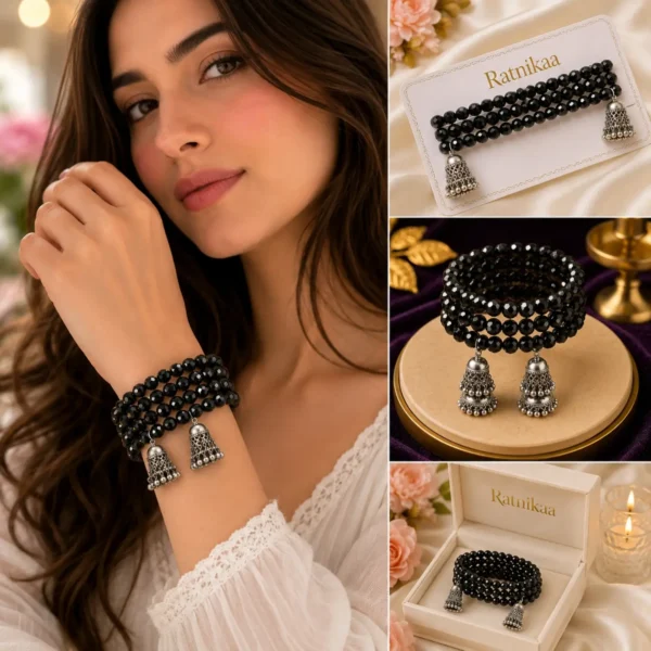 Ratnikaa Black Bead Bracelet for Women | Faceted Onyx Beaded Cuff with Oxidized Silver Jhumka Charms | Multilayer Stretch Bracelet