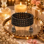 Ratnikaa Black Bead Bracelet for Women | Faceted Onyx Beaded Cuff with Oxidized Silver Jhumka Charms | Multilayer Stretch Bracelet - Image 4