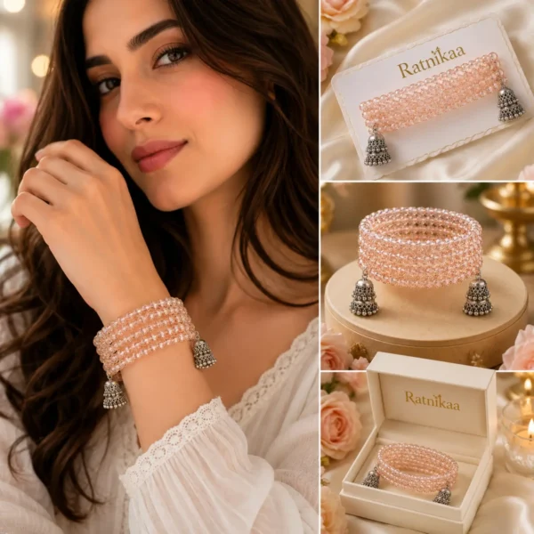 Ratnikaa Layered Crystal Bead Bracelet for Women | Peach Pink Beaded Cuff with Oxidized Silver Jhumka Charms | Multilayer Stretch Bracelet