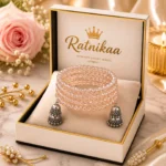 Ratnikaa Layered Crystal Bead Bracelet for Women | Peach Pink Beaded Cuff with Oxidized Silver Jhumka Charms | Multilayer Stretch Bracelet - Image 6