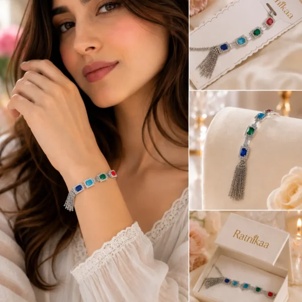 Ratnikaa Crystal Bracelet for Women | Multicolor Emerald Cut Gemstone Bracelet with Tassel Charm | Sapphire Blue Emerald Ruby Stones | Silver Statement Bracelet