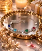 Ratnikaa Crystal Bracelet for Women | Multicolor Emerald Cut Gemstone Bracelet with Tassel Charm | Sapphire Blue Emerald Ruby Stones | Silver Statement Bracelet - Image 5