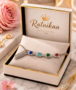 Ratnikaa Crystal Bracelet for Women | Multicolor Emerald Cut Gemstone Bracelet with Tassel Charm | Sapphire Blue Emerald Ruby Stones | Silver Statement Bracelet - Image 6
