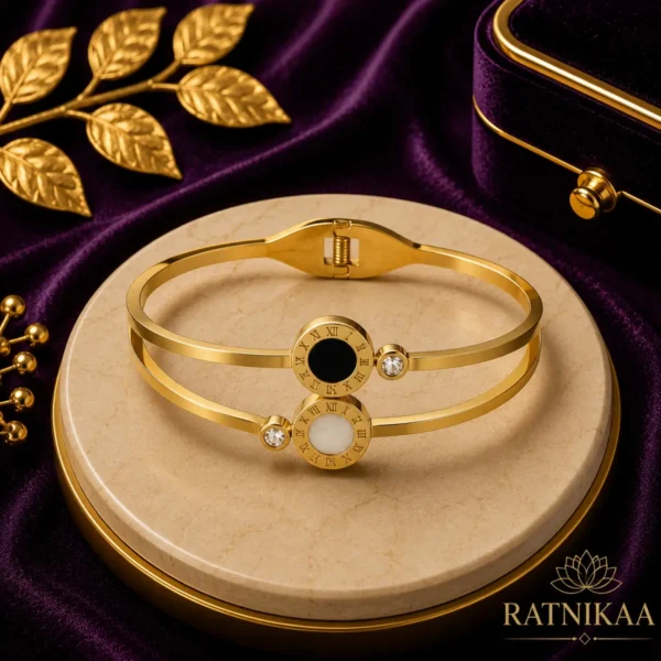 Ratnikaa Gold Bangle Bracelet for Women | Roman Numeral Double Circle Design | Black Onyx & Mother of Pearl Stone | Crystal Accent Cuff Bracelet |