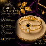 Ratnikaa Gold Bangle Bracelet for Women | Roman Numeral Double Circle Design | Black Onyx & Mother of Pearl Stone | Crystal Accent Cuff Bracelet | - Image 5